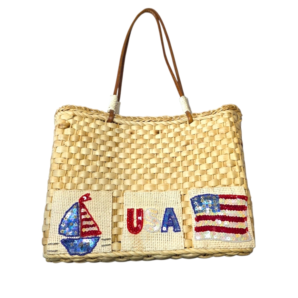 QVC Quacker Factory Corn Husk Straw Purse Leather Handle Patriotic Nautical  New